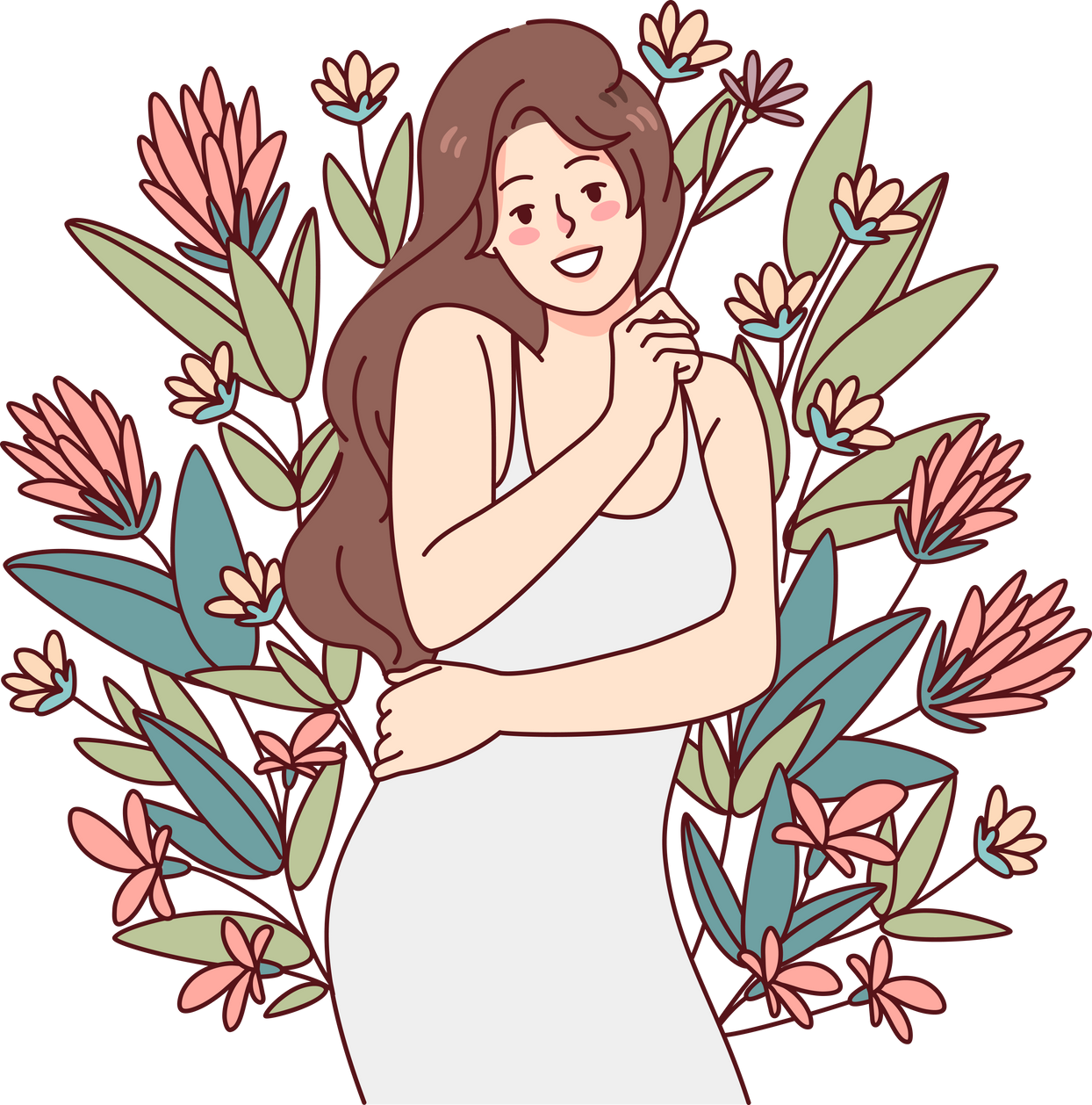 Happy woman hugging herself feeling confident